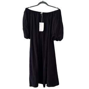 COS Navy Tencel Lyocell Midi Dress NWT Off Shoulder Pockets Balloon Sleeve US 6